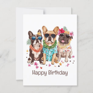 Cartão Postal Feliz Aniversário do Havaí - Bulldog Francês Flor 