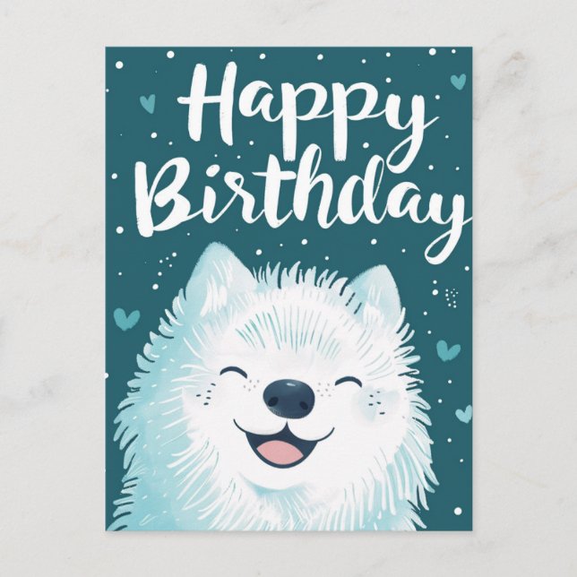 Cartão Postal Feliz Aniversário do Samoyed Fofo (Frente)