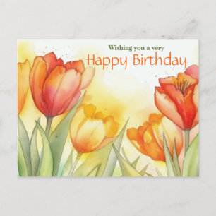 Cartão Postal Feliz Aniversário do Tulipa de Aquarela Vibrante