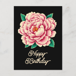 Cartão Postal Feliz Aniversário do Vintage Pink Peony Flower