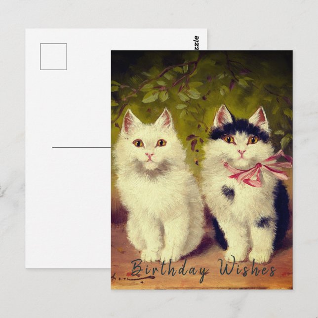 Cartão Postal  Feliz Aniversário Dois Gatos Pintura a Óleo| (Frente/Verso)