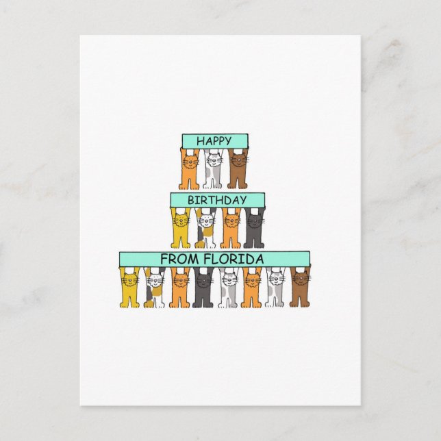 Cartão Postal Feliz Aniversário dos Gatos de Cartoon da Flórida (Frente)