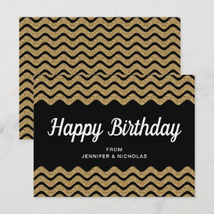 Cartão Postal Feliz Aniversário Dourado Brilho Listras Pretas Ch