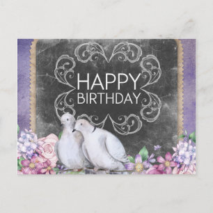 Cartão Postal Feliz Aniversário Doves Floral Ilustração