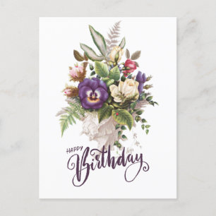 Cartão Postal Feliz Aniversário Elegante Buquê Floral Vintage