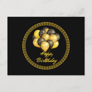 Cartão Postal Feliz Aniversário, elegante preto e dourado,