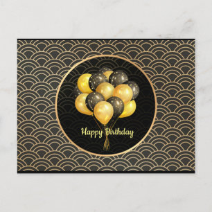 Cartão Postal Feliz Aniversário, elegante preto e dourado,