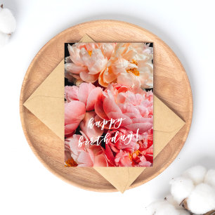 Cartão Postal Feliz Aniversário! Elegantes Peônias Rosa e Pêsseg