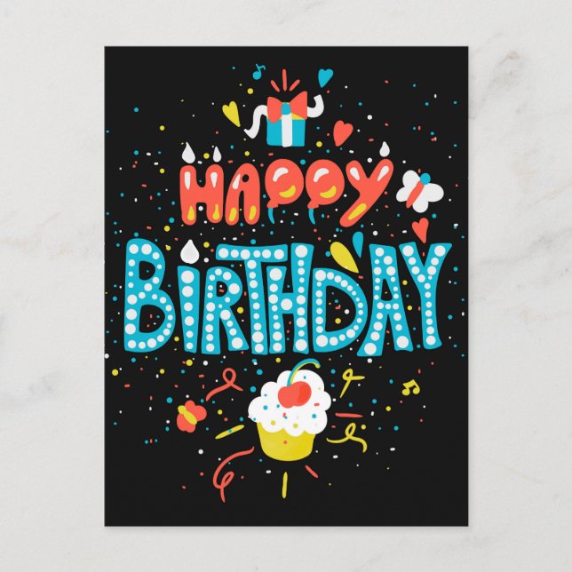 Cartão Postal Feliz Aniversário em Preto (Frente)