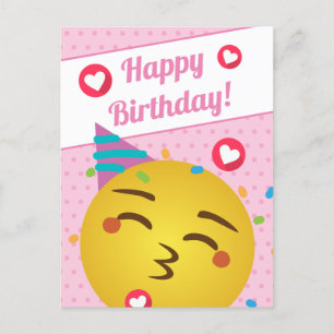 Cartão Postal Feliz Aniversário Emoji Beijo de Bolinhas Rosa Fof