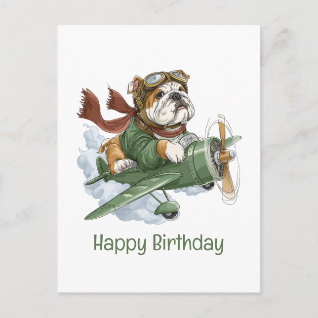 Cartão Postal Feliz Aniversário English Bulldog Piloto Avião (Frente)