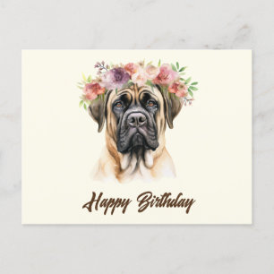 Cartão Postal Feliz Aniversário English Mastiff Cachorro com Flo