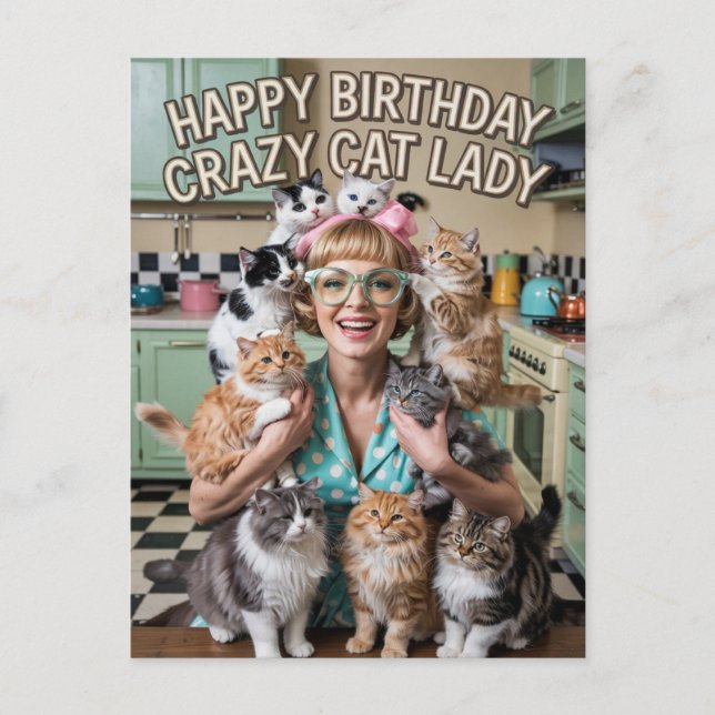 Cartão Postal Feliz Aniversário engraçado retrô Louca dos Gatos (Frente)