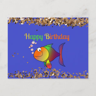Cartão Postal Feliz Aniversário, Esfrega o Peixe com Pó Dourado