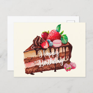 Cartão Postal Feliz Aniversário Fatia de Morango Chocolate Bake