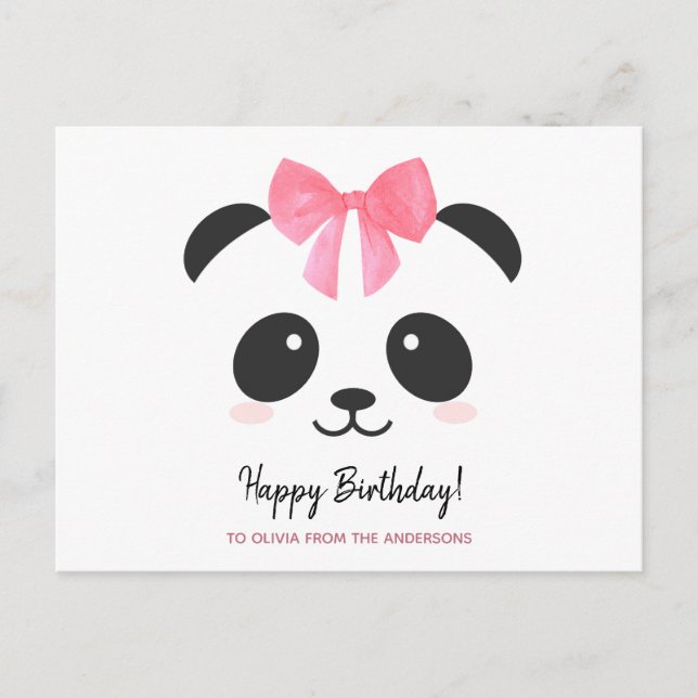 Cartão Postal Feliz Aniversário Feliz Menina Panda, personalizad (Frente)