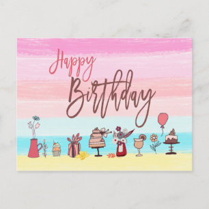 Cartão Postal Feliz Aniversário Feminina Bonito Pastel Stripes/