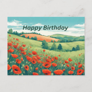 Cartão Postal Feliz Aniversário Flor de Papoula Vermelha Prado