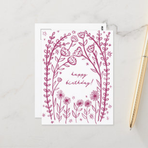 Cartão Postal Feliz Aniversário Floral Caprichoso Esboço Rabisco