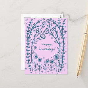 Cartão Postal Feliz Aniversário Floral Caprichoso Esboço Rabisco