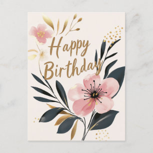 Cartão Postal Feliz Aniversário Floral Dourado Rosa