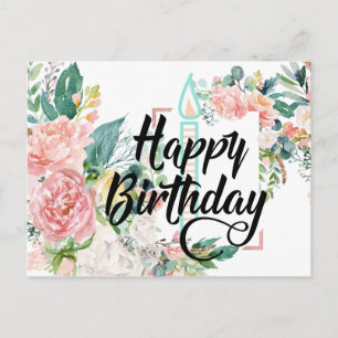 Cartão Postal Feliz Aniversário Floral Rosa
