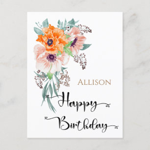 Cartão Postal Feliz Aniversário Floral Watercolor