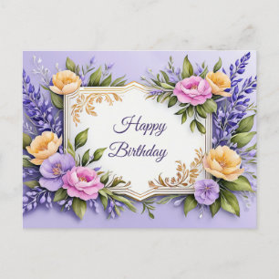 Cartão Postal Feliz Aniversário Flores Coloridas sobre Lavanda 