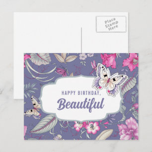 Cartão Postal Feliz aniversário. Flores de Aquarela e Borboleta