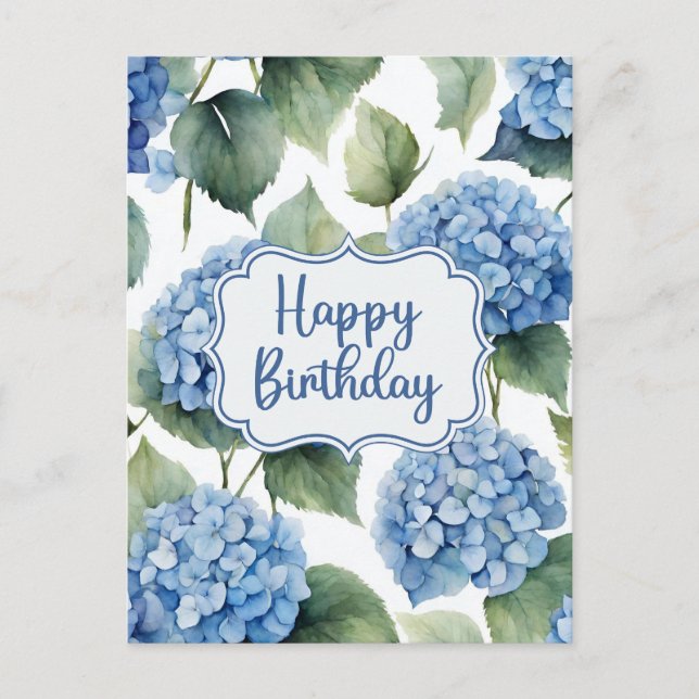 Cartão Postal Feliz Aniversário Flores de Hortênsia Azul Aquarel (Frente)