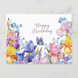 Cartão Postal Feliz Aniversário Flores de Íris Aquarela e Jardim