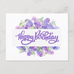 Cartão Postal Feliz Aniversário Flores de Lilás Roxo Aquarela
