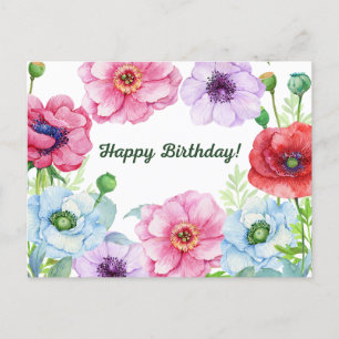 Cartão Postal Feliz Aniversário Flores de Papoula Aquarela