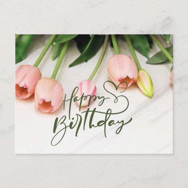 Cartão Postal Feliz Aniversário Flores de Tulipa Rosa  (Frente)