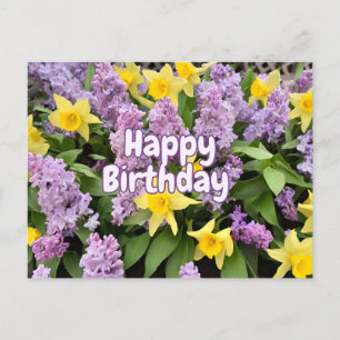 Cartão Postal Feliz Aniversário Flores Lilás e Narcisos Amarelos