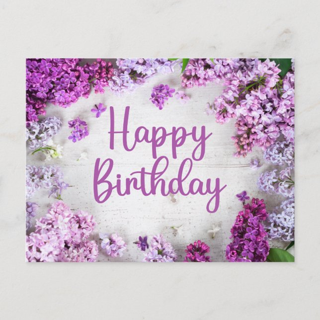 Cartão Postal Feliz Aniversário, Flores Lilás Roxas e Rosa (Frente)