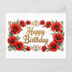 Cartão Postal Feliz Aniversário Flores Papoula Vermelha