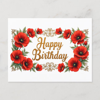 Cartão Postal Feliz Aniversário Flores Papoula Vermelha