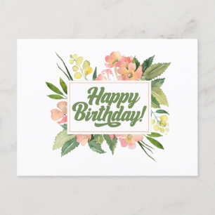 Cartão Postal Feliz Aniversário Flores Rosa Pastel Aquarela