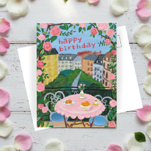 Cartão Postal FELIZ ANIVERSÁRIO Flores Varanda Chá Tempo Paris