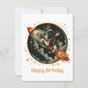 Cartão Postal Feliz Aniversário Foguete Espacial Bulldog Francês