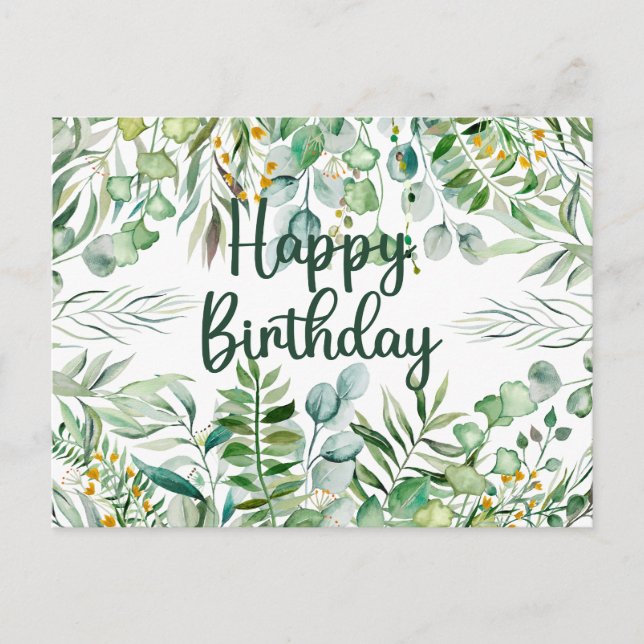 Cartão Postal Feliz Aniversário - Folhas de Eucalyptus e Plantas (Frente)