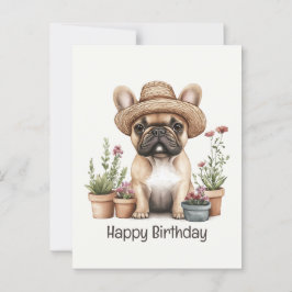 Cartão Postal Feliz Aniversário French Bulldog Jardim Vaso de Fl