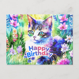 Cartão Postal Feliz Aniversário Gato Aquarela e Flores