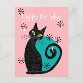 Cartão Postal Feliz Aniversário Gato Atômico Moderno de Meados d