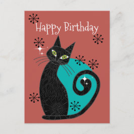 Cartão Postal Feliz Aniversário Gato Atômico Moderno de Meados d