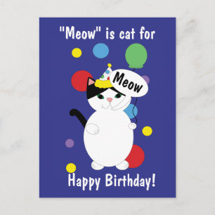 Cartão Postal Feliz Aniversário Gato Colorido Engraçado Meow Per