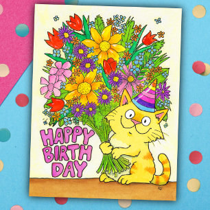 Cartão Postal Feliz Aniversário Gato com Flores 