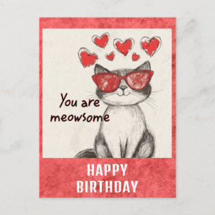 Cartão Postal Feliz Aniversário Gato Fofo e Divertido Corações