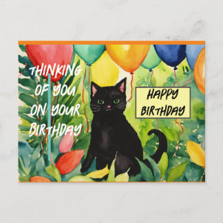 Cartão Postal Feliz aniversário: gato negro abrindo uma festa de